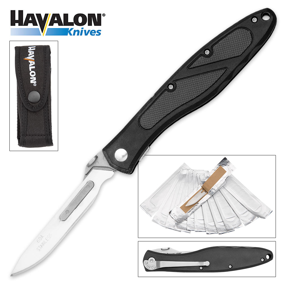 Havalon PirantaZ Pocket Knife w/ 12 Replacement Blades, Nylon Holster