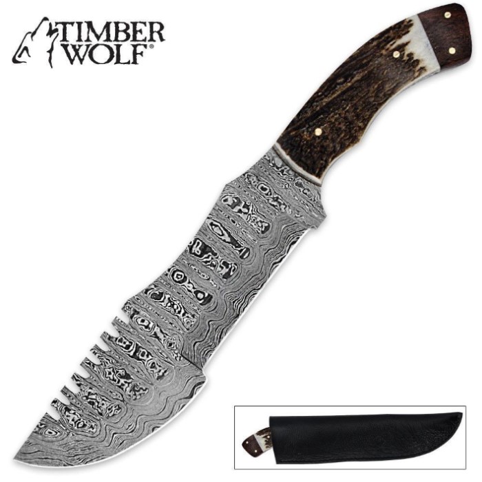 Timber Wolf Damascus Stag Bowie With Sheath