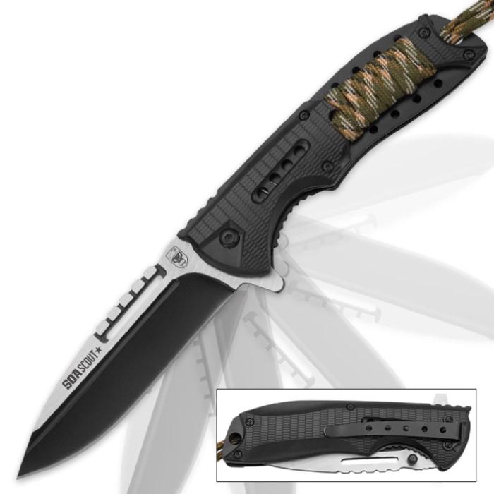 Soa Scout Assisted Opening Pocket Knife Black With Camo Paracord Wrapping Kennesaw Cutlery