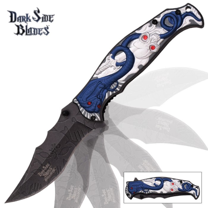 Dark Side Blades Assisted Opening Ballistic Cobra Skull Pocket Knife Blue & Silver