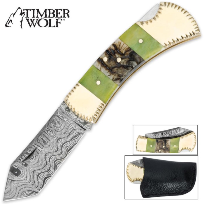 Timber Wolf Rams Horn Damascus Steel Pocket Knife