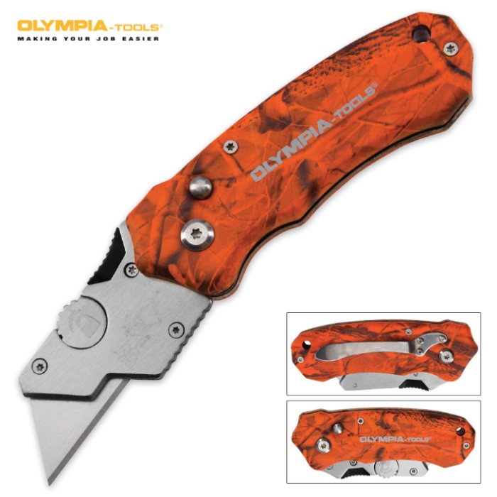 Olympia Orange Camo Folding Utility Knife Survival