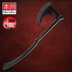 Black battle axe with curved blade on red background