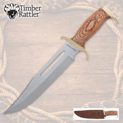 Knife with wooden handle and sheath on wood background