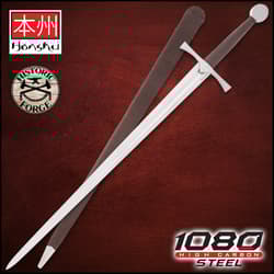 Medieval sword with brown scabbard on red background