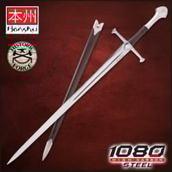 Longsword with scabbard on red background, Honshu branding