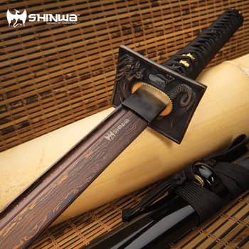Shinwa Black Knight Handmade Katana / Samurai Sword - Hand Forged Black Damascus Steel - Razor Sharp, Full Tang - Fully Functional, Battle Ready, Ninja Sleek - Faux Ray Skin, Cord Wrap, Dragon Tsuba Shinwa Black Knight Handmade Katana / Samurai Sword - Hand Forged Black Damascus Steel - Razor Sharp, Full Tang - Fully Functional, Battle Ready, Ninja Sleek - Faux Ray Skin, Cord Wrap, Dragon Tsuba