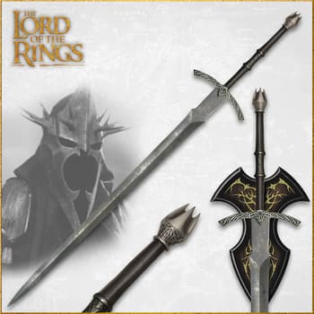 Lord of the Rings sword with stainless steel blade presented in angles showcasing a leather wrapped handle and crown pommel
