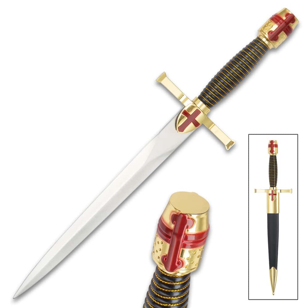 Gold Crusader Helmet Dagger And Sheath Stainless