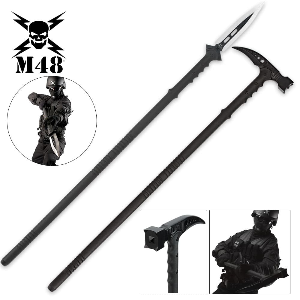 All black M48 tactical survival hammer and spear head casted in stainless steel blade and fiberglass handles image number 0