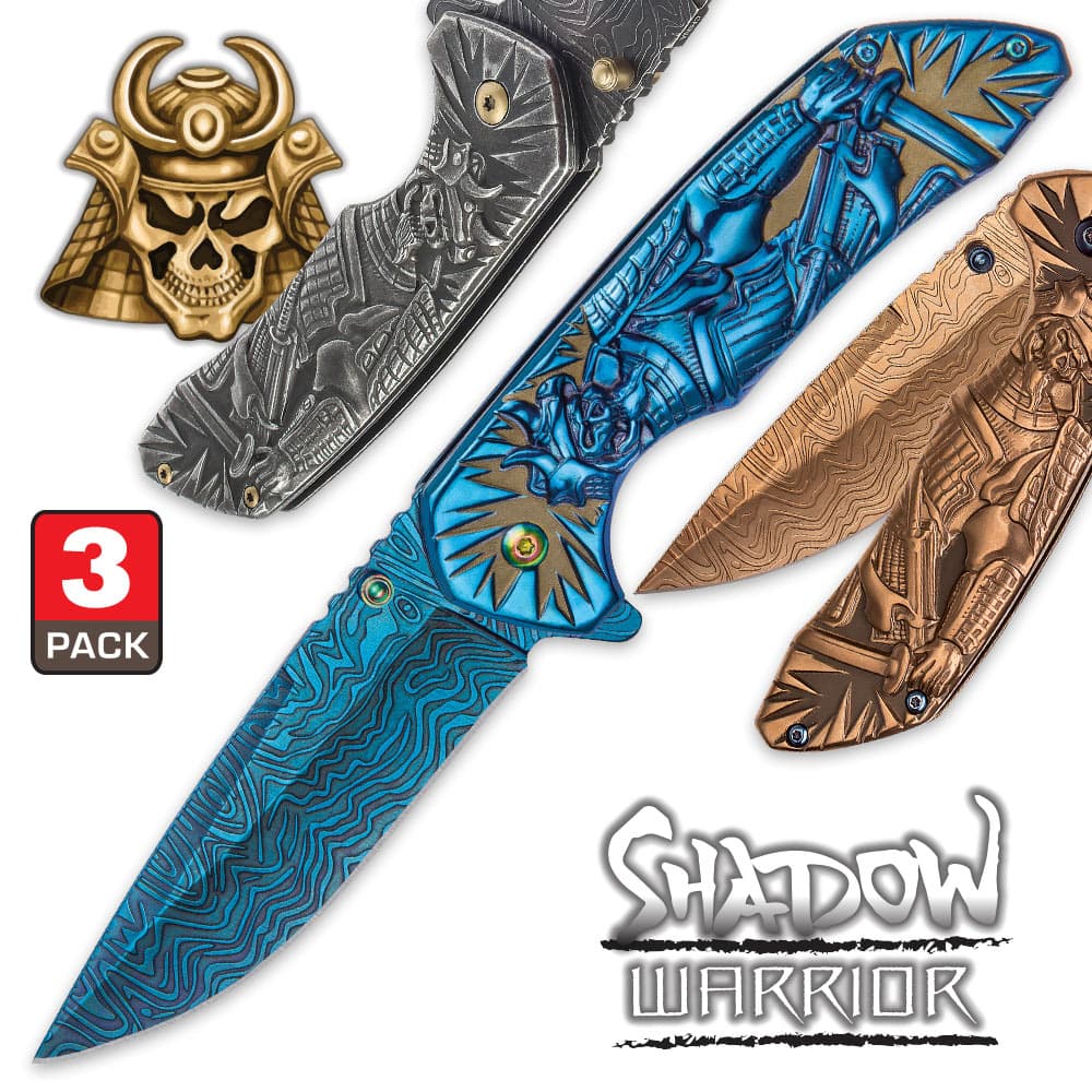Shadow Warrior Pocket Knife Collection - Three Assisted Opening Folders - DamascTec Steel Blades image number 0
