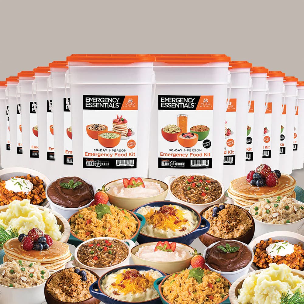 Several buckets of Emergency Essentials 6-Month Emergency Foot Kits shown with several images of meals placed in the foreground. image number 0