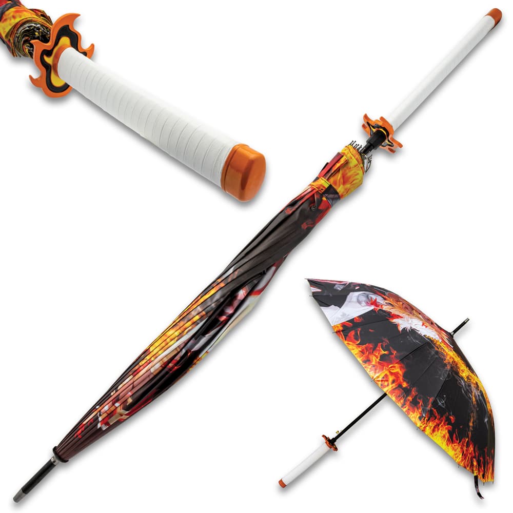 Multiple images showing a close up angle of the handle and full angles of the Demon Slayer Rengoku Umbrella opened and closed. image number 0