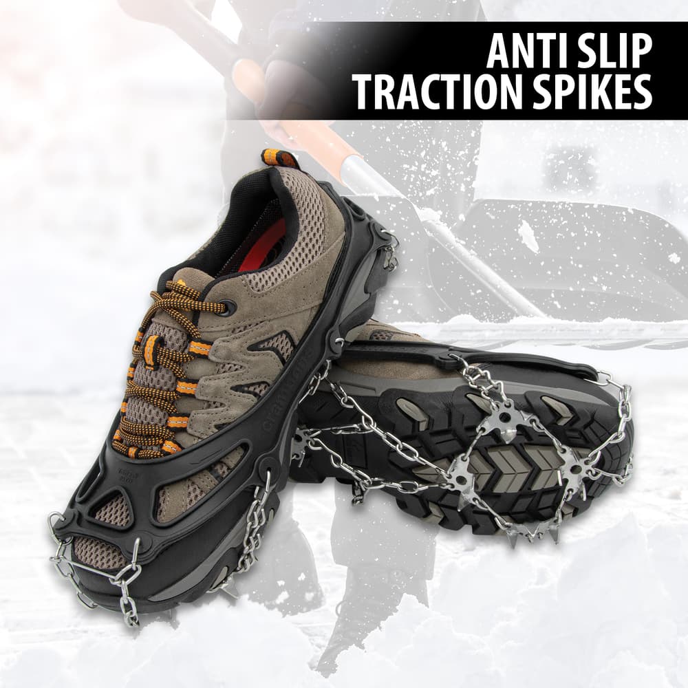 “Anti Slip Traction Spikes” text shown above an image of two trailer runner style shoes, fitted with the Anti Slip Traction Spikes. image number 0