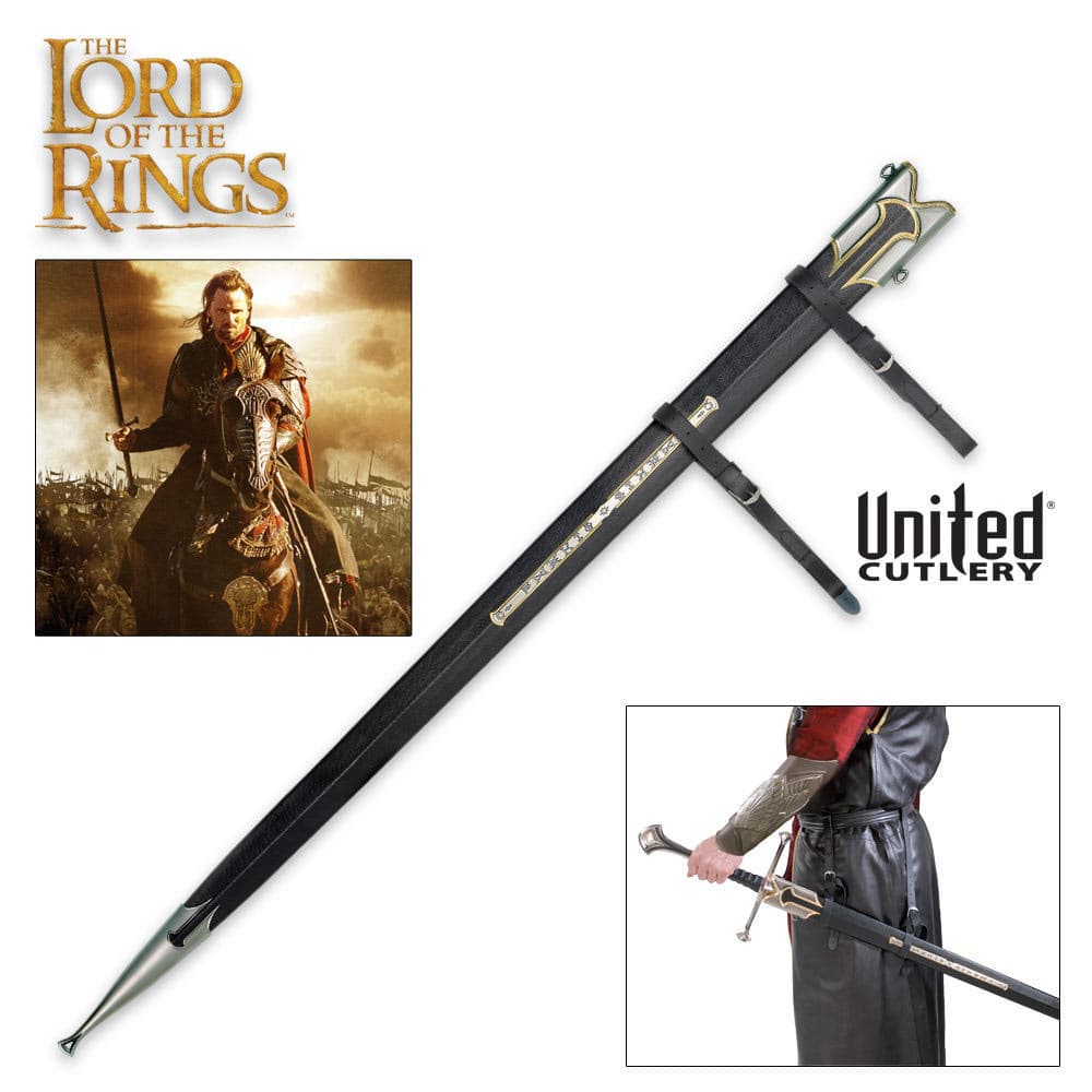 Lord of the Rings black leather scabbard for sword with straps, a metal tip and collar showing gold plated accents image number 0