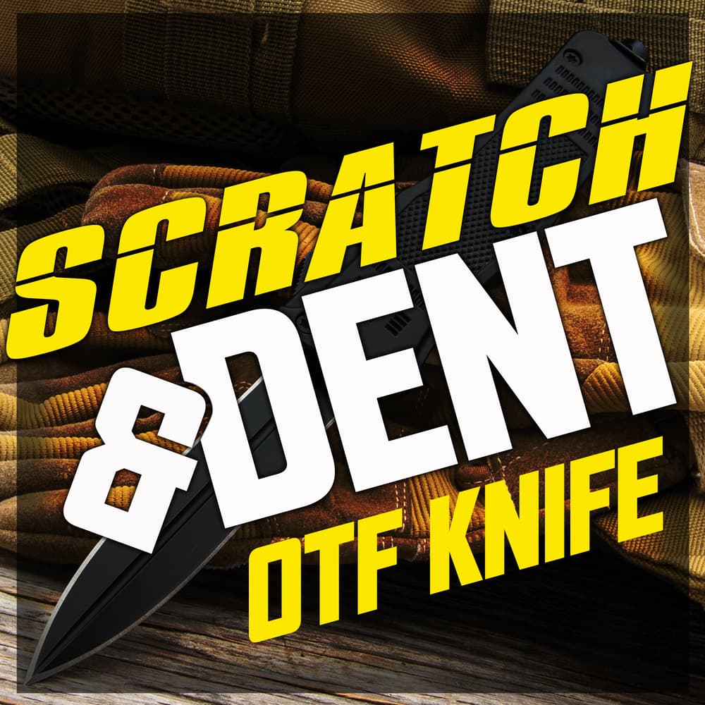 Scratch and Dent OTF knife graphic with OTF knife in background. image number 0