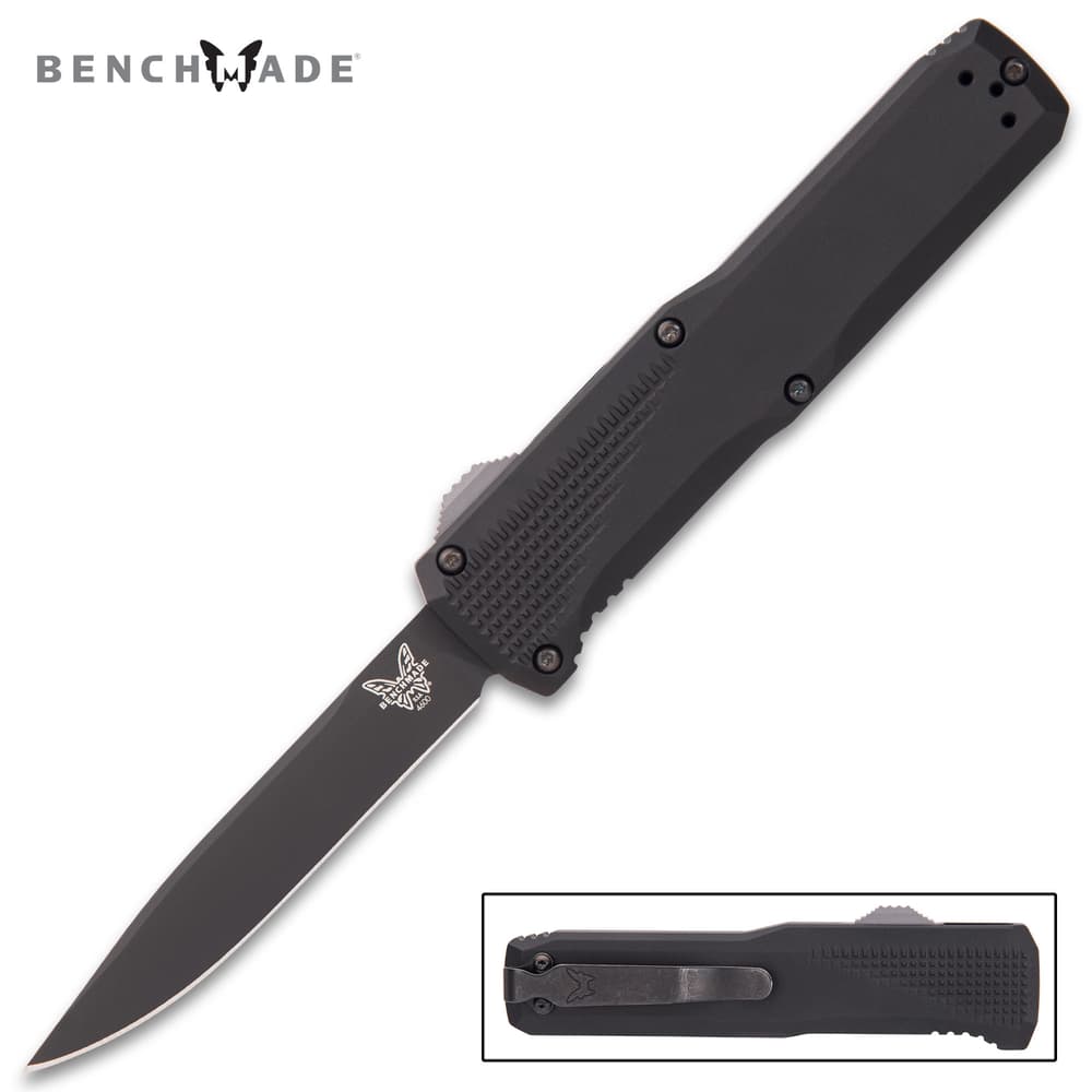 Black pocket knife with carbon coated blade and black aluminum handle. Top left corner "Benchmade." image number 0