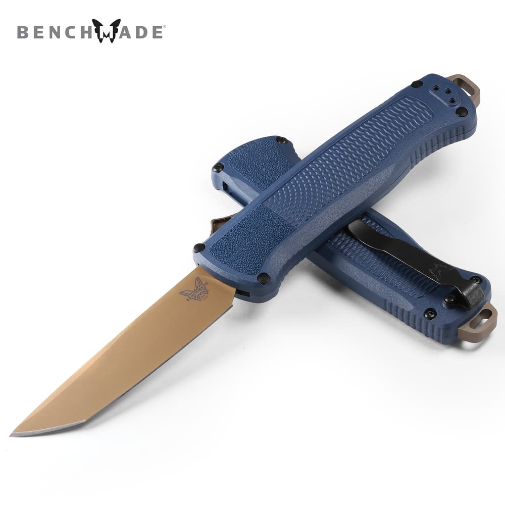 Full image of Benchmade Shootout Auto OTFCrater Blue Knife open and closed. image number 0