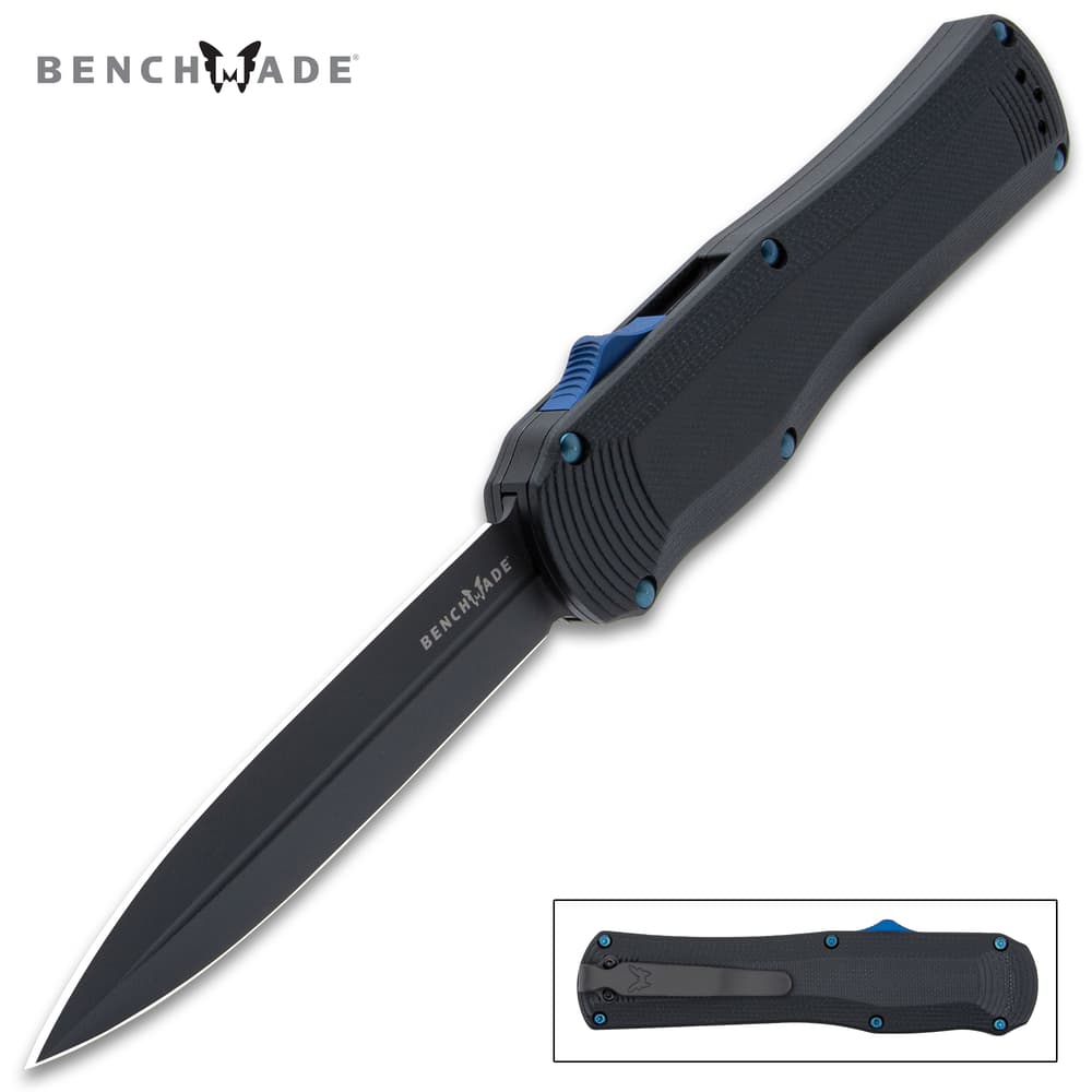 The Benchmade Black Autocrat Automatic OTF Dagger has a double-edged CPM-S30V stainless steel dagger blade image number 0