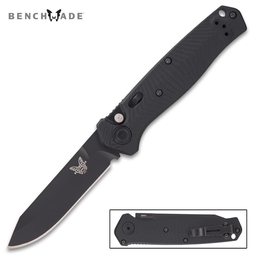 All black benchmade automatic pocket knife with milled chevron G10 handle and "benchmade" inscription on the blade. image number 0