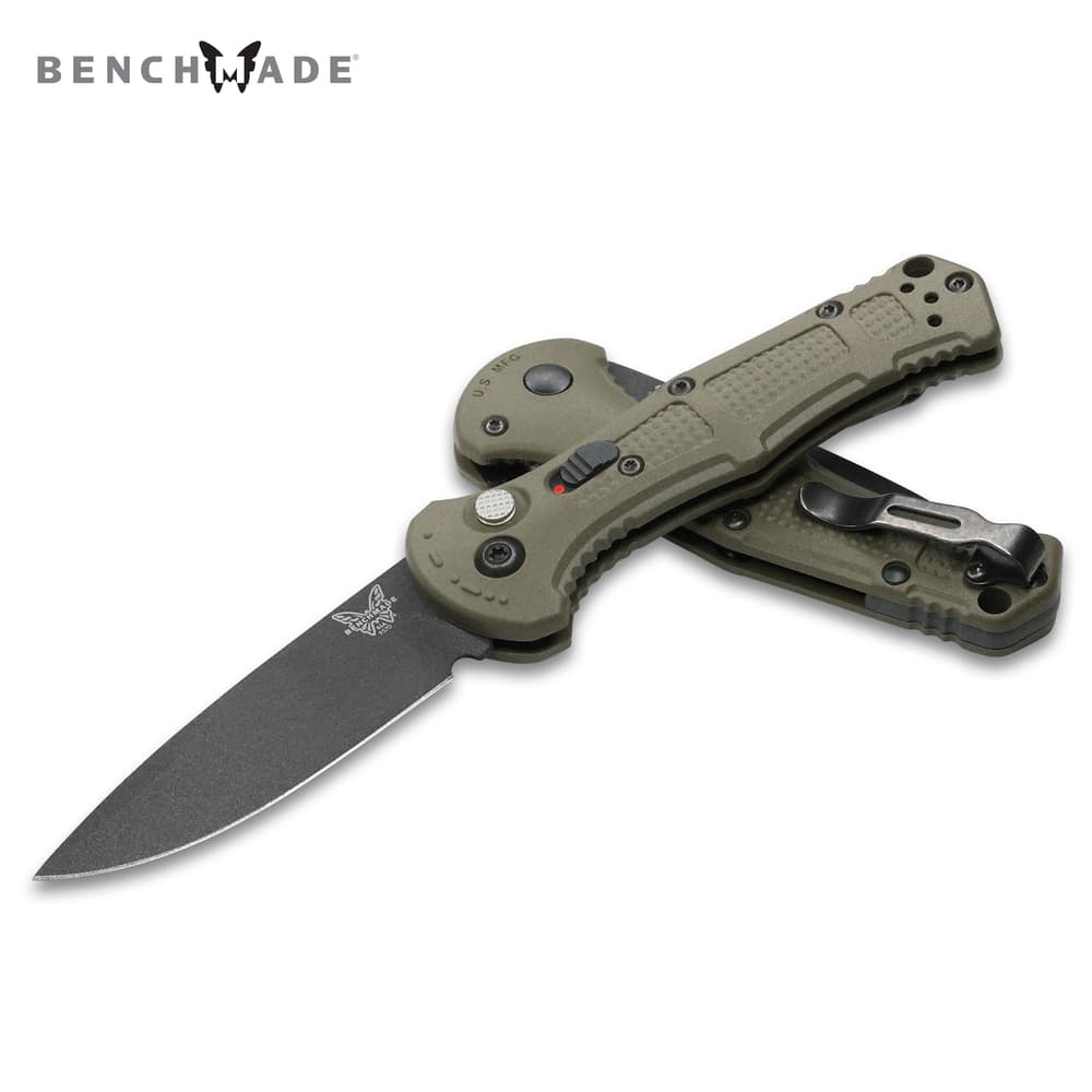 Full image of Benchmade Mini Claymore Knife open and closed. image number 0