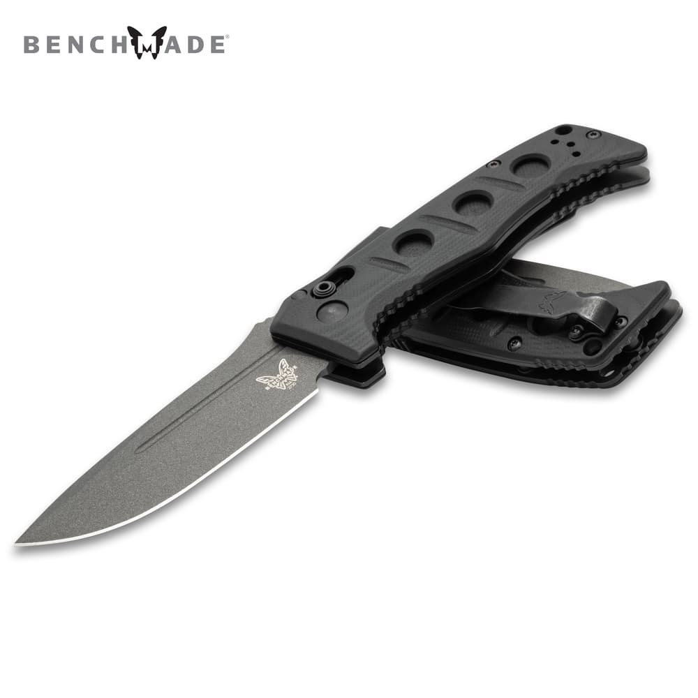 Full image of the gray Benchmade Mini Auto Adamas open and closed. image number 0