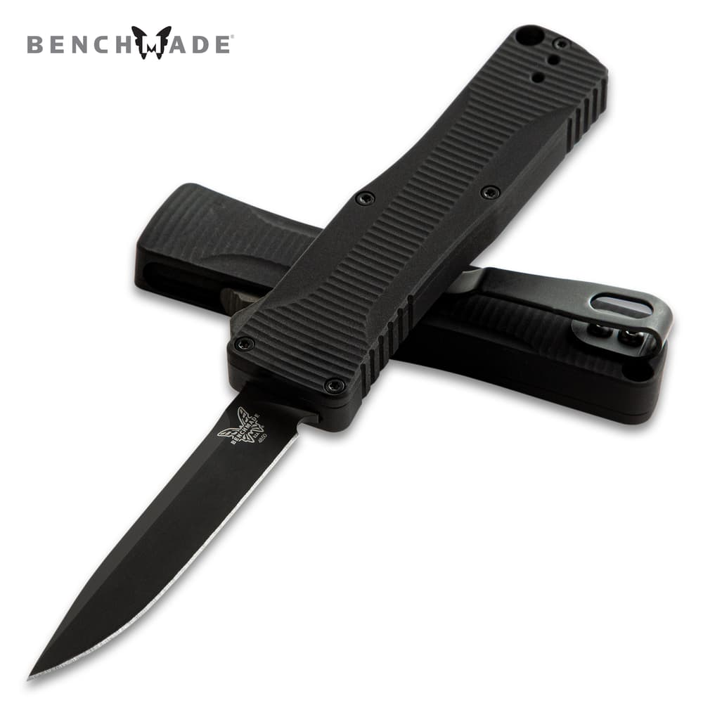 The Benchmade OTF Automatic Knife shown both open and closed positions image number 0