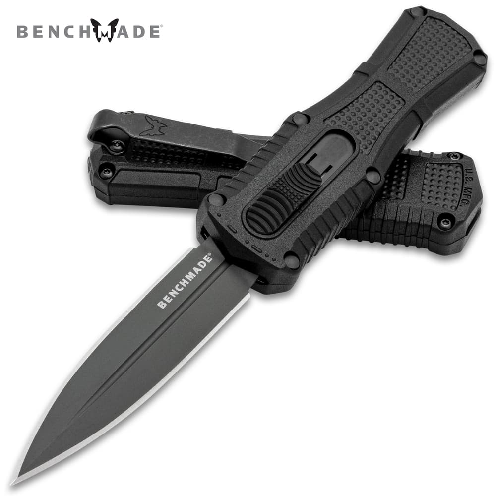 Full image of the Benchmade Black Grivory Mini Claymore OTF Knife opened and closed. image number 0