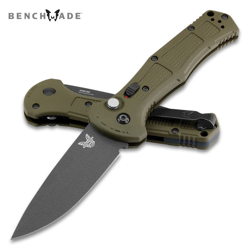 Full image of the Benchmade Claymore Auto Ranger Folder Knife opened and closed. image number 0