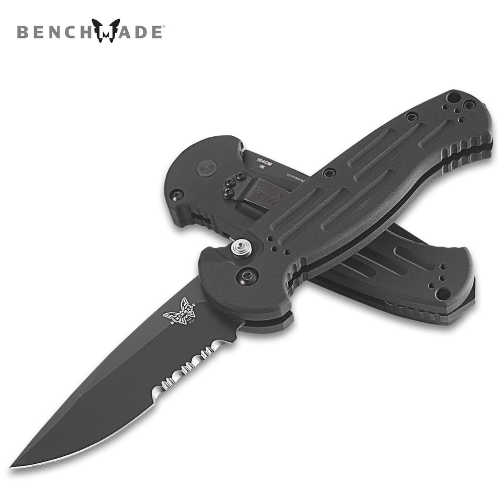 Full image of Benchmade AFO Auto Folder Knife open and closed. image number 0