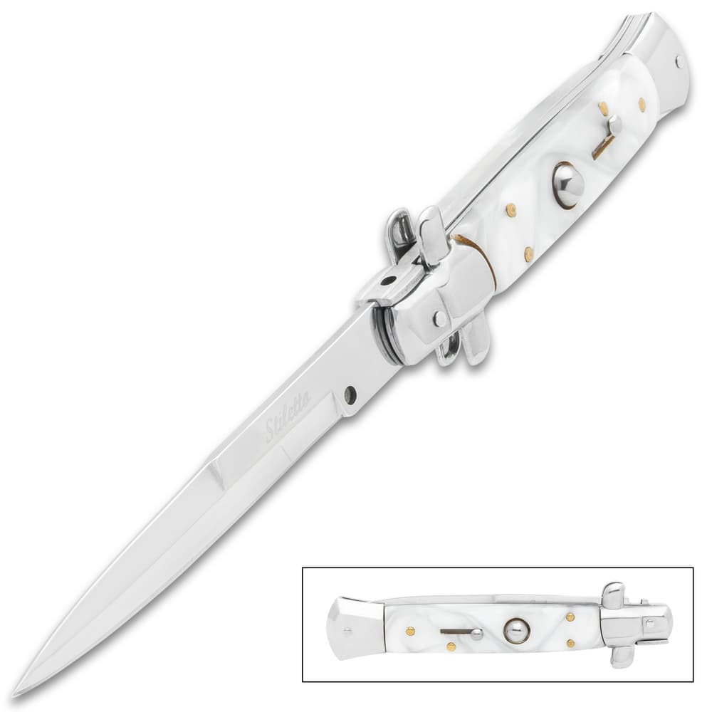The Large White Pearl Stiletto Knife in open and closed position image number 0