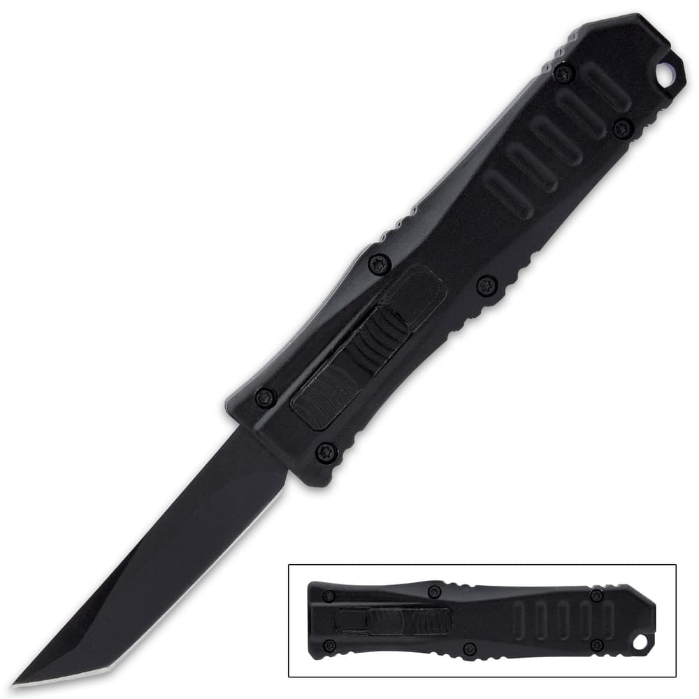 The Mini Black Automatic OTF Knife is quick and tactical with its double action trigger and OTF design image number 0
