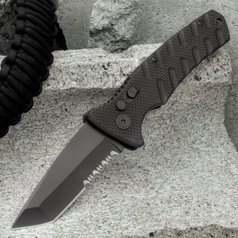 A view of the Black Serrated Automatic Knife in the open position image number 0