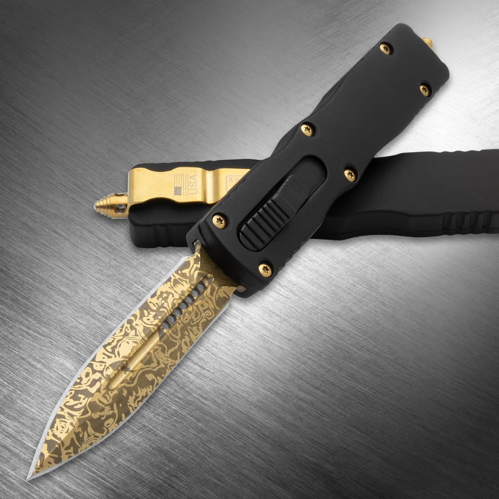 Full image of Midas Touch Gold Coated OTF Knife open and closed. image number 0