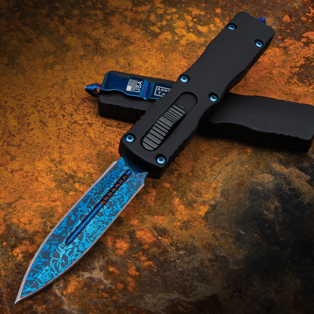Full image of Blue Damascus Automatic OTF Knife open and closed. image number 0