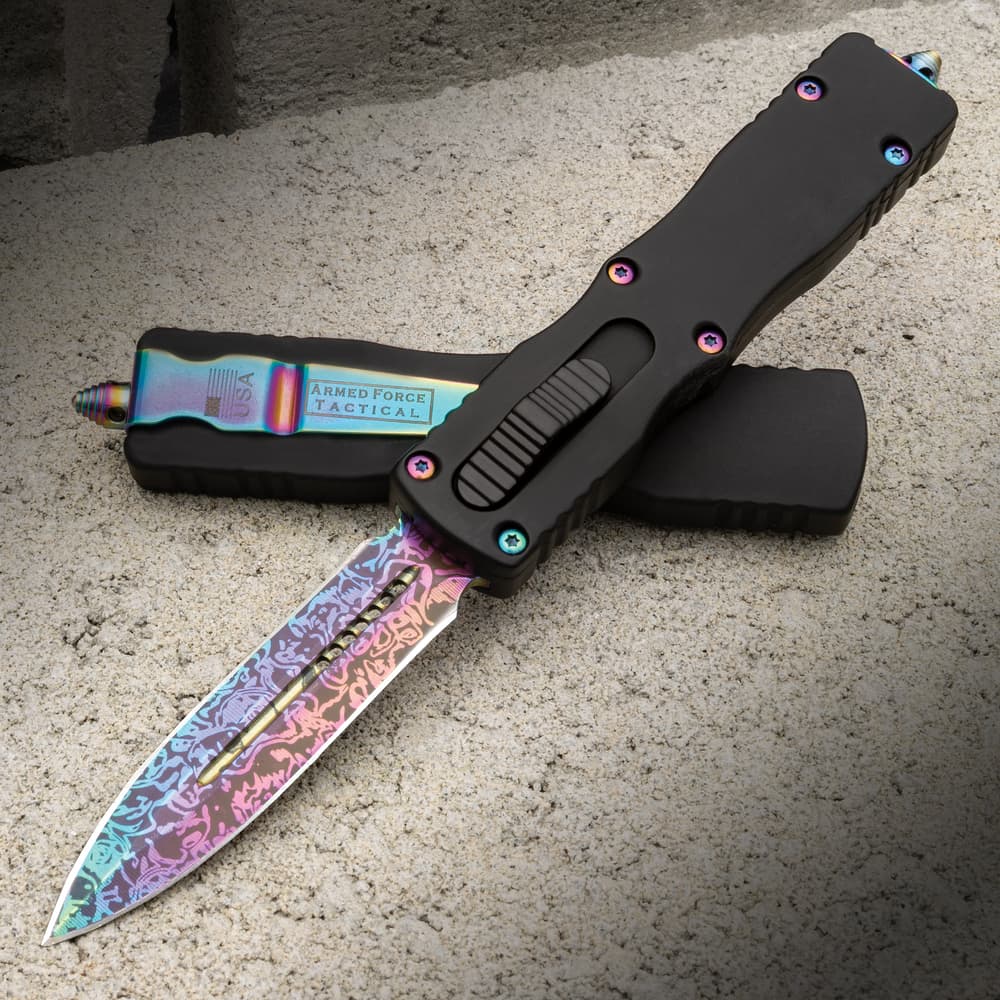 Full image of the Rainbow Damascus Automatic OTF Knife open and closed. image number 0