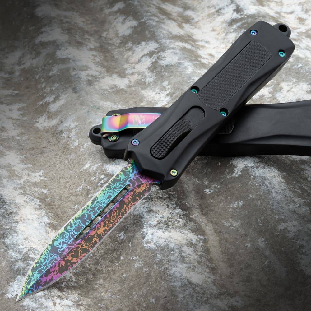 Full image of the Iridescent Damascus Automatic OTF Knife open and closed. image number 0