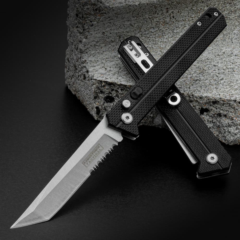 Full image of the Blackhawk Automatic Push Button Pocket Knife open and closed. image number 0