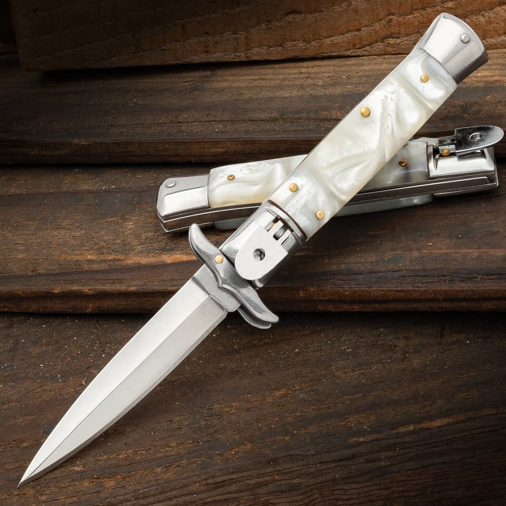Full image of the White Pearl Lever Lock Automatic Knife open and closed. image number 0