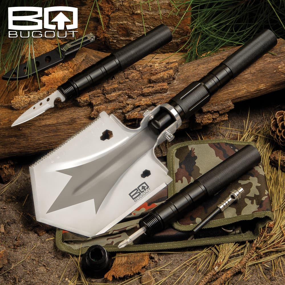 The BugOut Small Multi-Function Folding Entrenchment Tool has functions and features you need in your camping gear, vehicle emergency bag and bugout bag image number 0