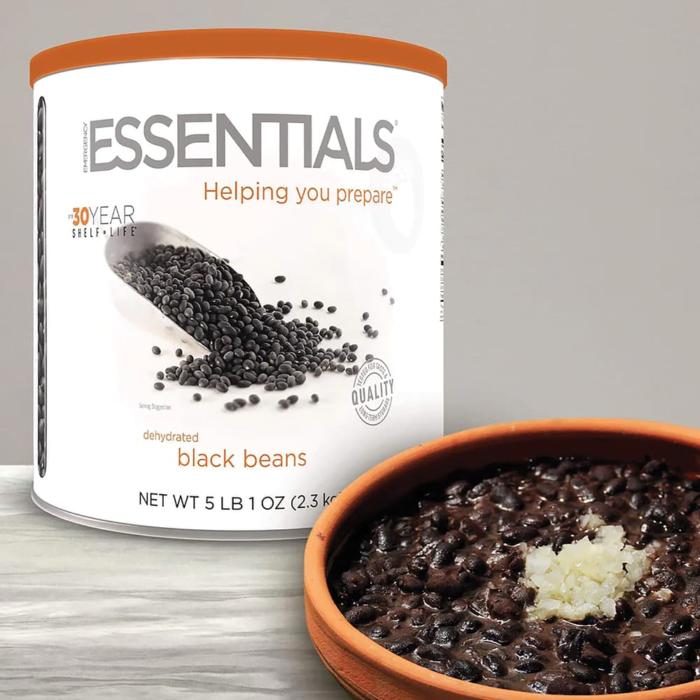 The Emergency Essentials Black Beans shown in container and in bowl image number 0