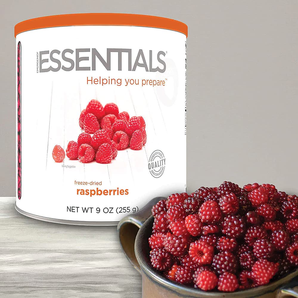 A view of the Emergency Essentials Raspberries in its can and in a bowl image number 0