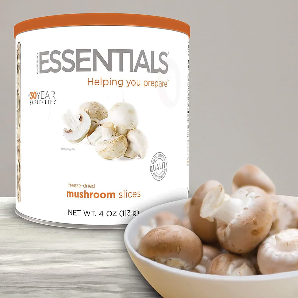 The Emergency Essentials Mushroom slices in their container and in a bowl image number 0