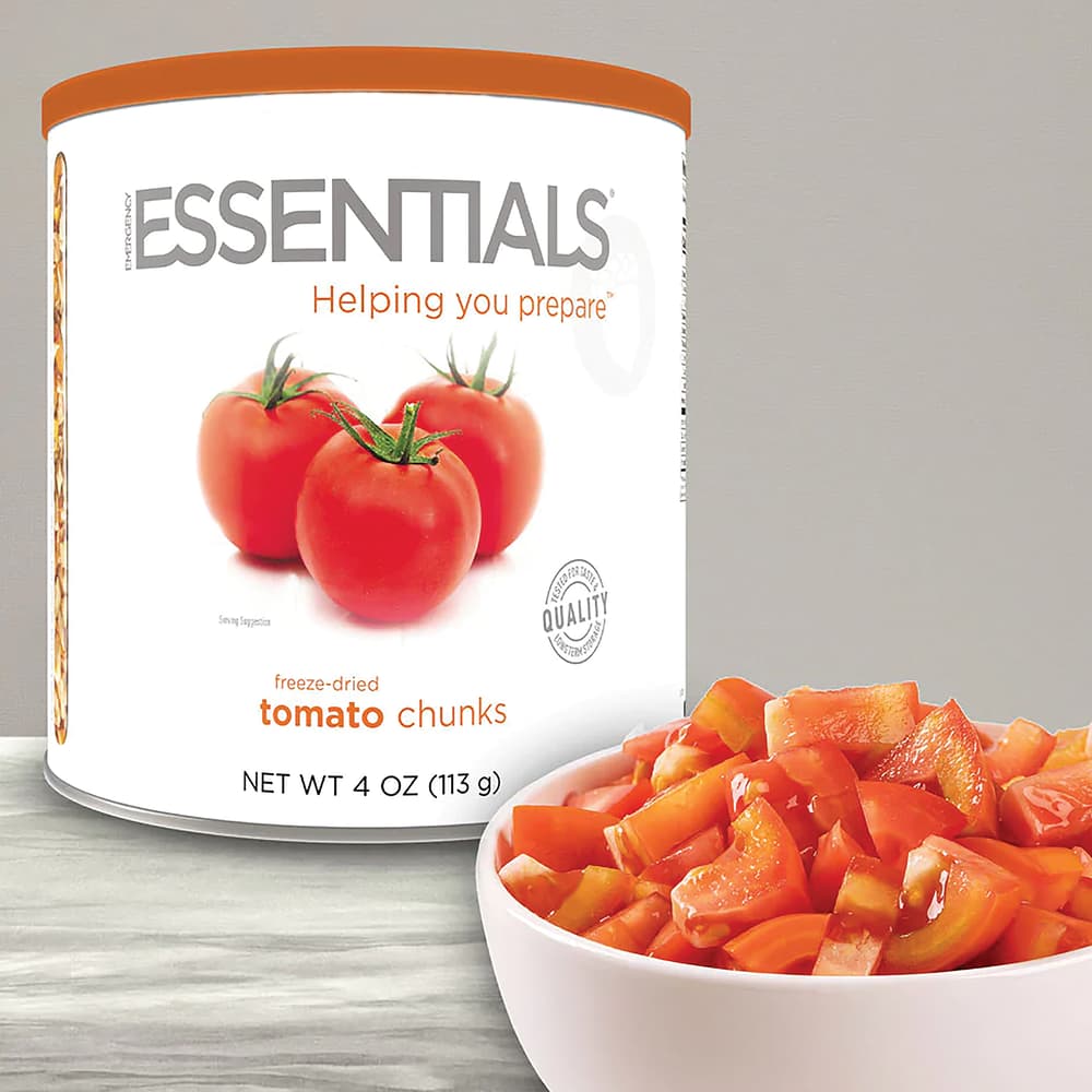 A look at the Emergency Essentials Tomato Chunks in the can and in a bowl image number 0