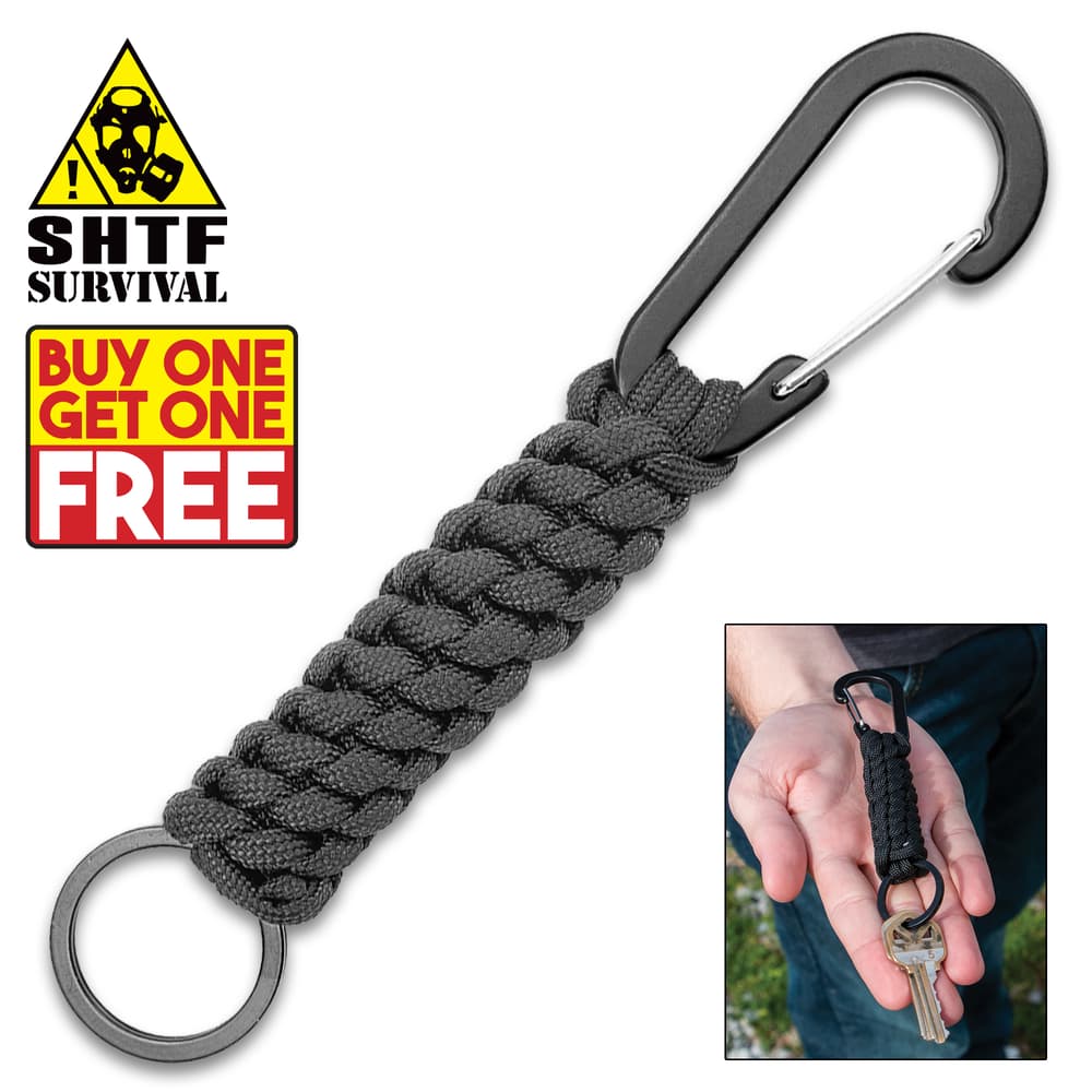 Full image of the BOGO Black Paracord Keychain with Carabiner. image number 0