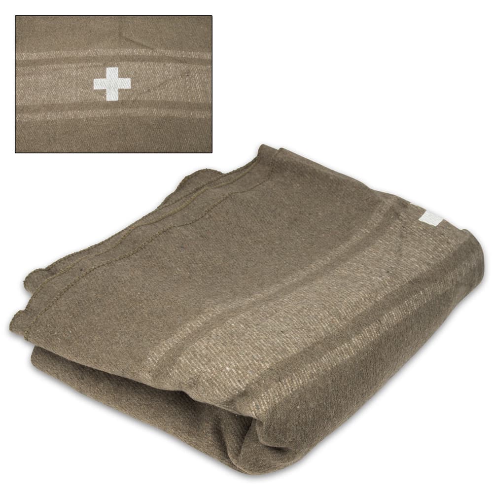 Bundle up and stay warm even in the coldest temperatures when you snuggle up in this oversized Olive Drab Swiss Army Wool Blanket image number 0