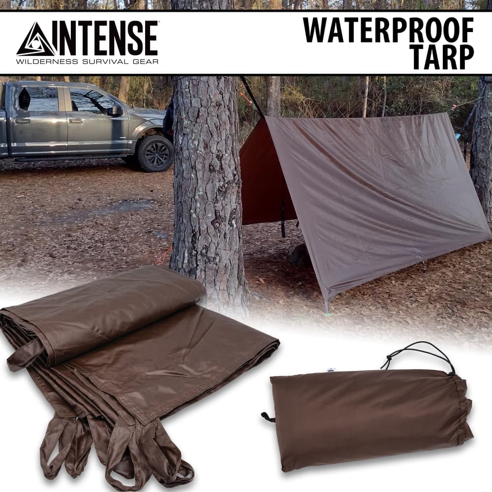 The Intense Waterproof Tarp shown in use and with its carrying bag image number 0