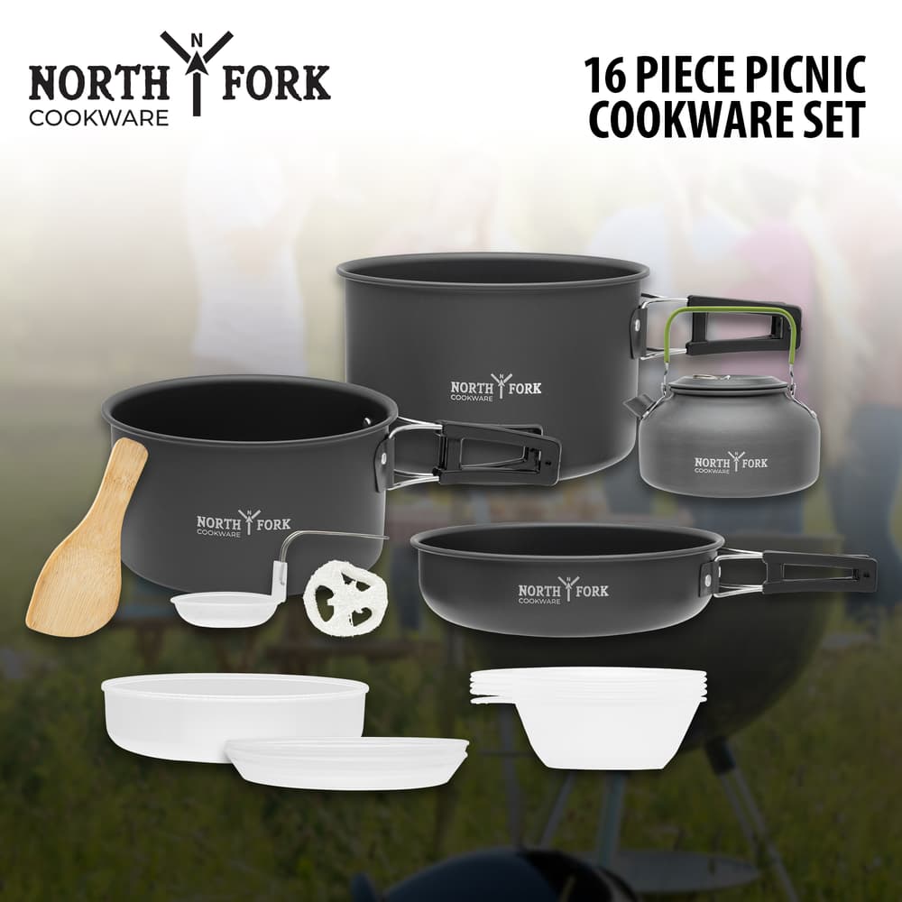 Full image of North Fork Cookware 16 Piece Picnic Cookware Set. image number 0