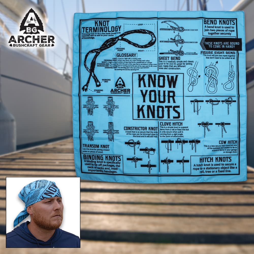 Full image of the Archer Bushcraft Know Your Knots Bandana. image number 0