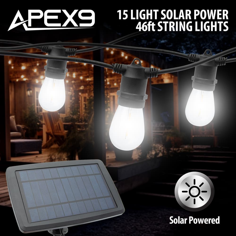 Full image of the Apex9 15 Light Solar Power 46ft. String Lights. image number 0